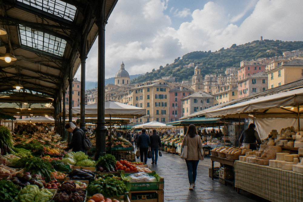 A covered market hall with stalls of vegetables, cheese and bread in Genoa