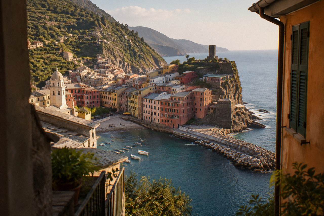Colourful village houses stacked above a small harbour on the Ligurian coast
