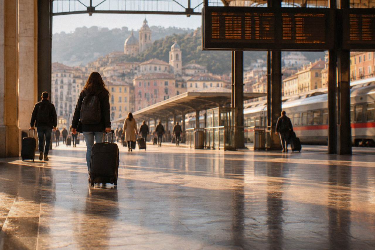 A railway station concourse in Genoa with departures board and passengers with luggage