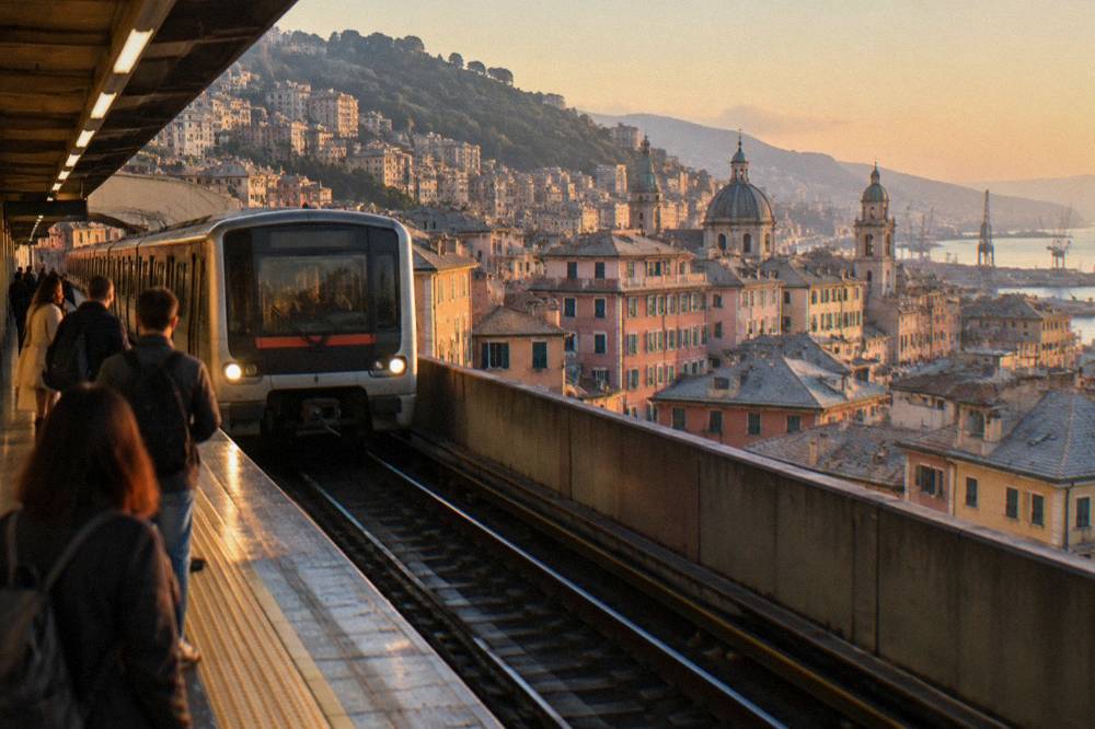 A metro platform in Genoa with a train arriving and passengers waiting