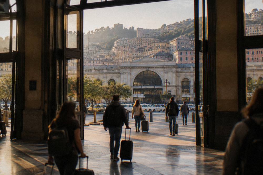 Travellers with suitcases walking through a station hall toward the exit doors