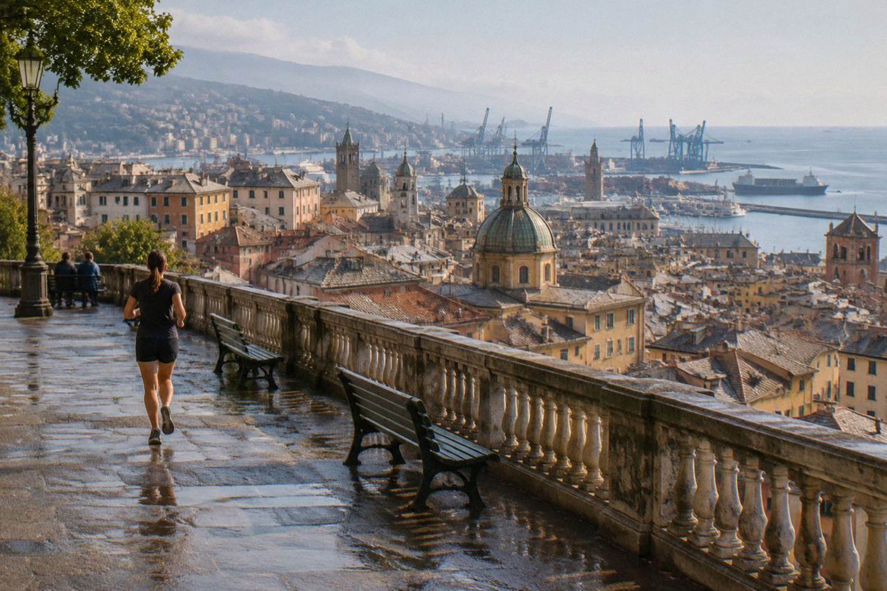 A panoramic terrace overlooking the rooftops and harbour of a coastal Italian city
