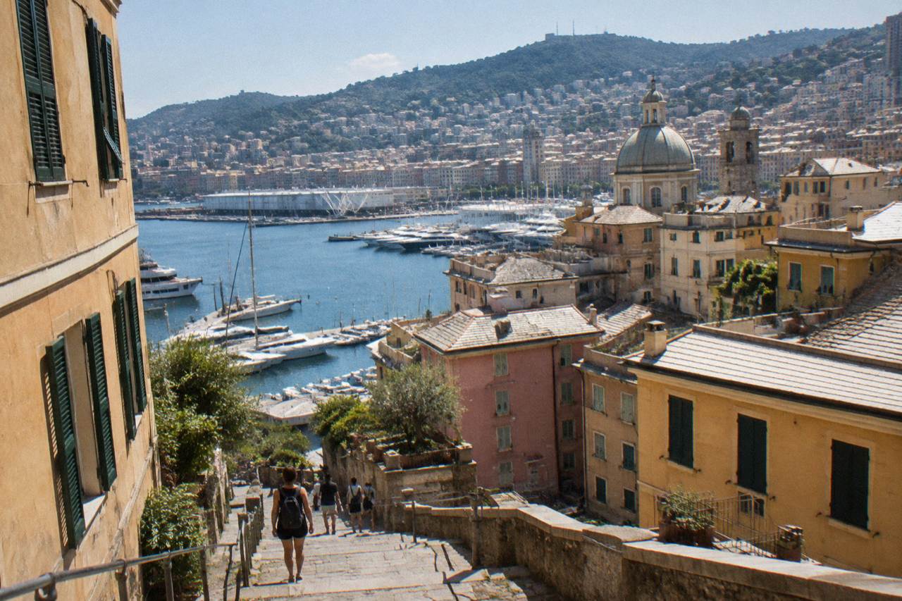 The old harbour of Genoa with boats, a panoramic lift and hills behind the water
