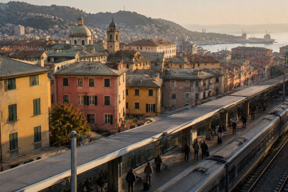 A train platform at a Genoa railway station with passengers waiting
