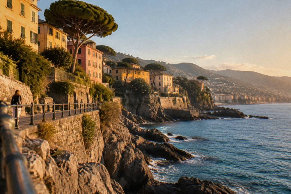 A cliff-top walkway above rocks and clear sea near Nervi
