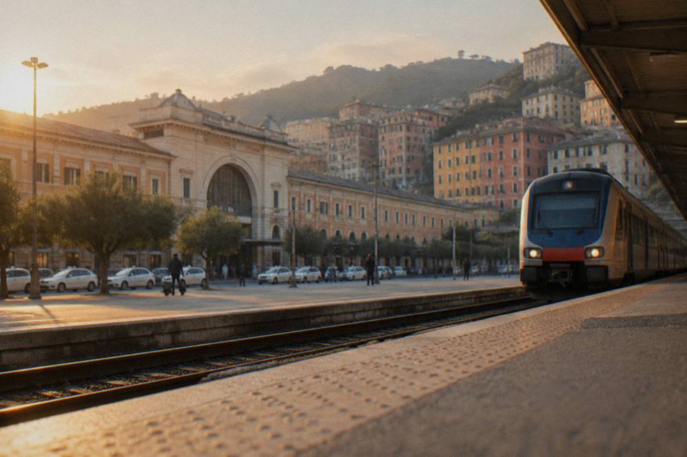 A regional train pulling into a station platform beside Genoa's hills