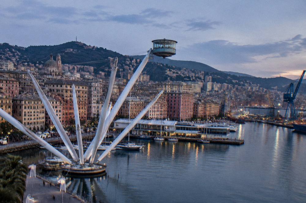 The old harbour of Genoa with the Bigo lift and harbour cranes