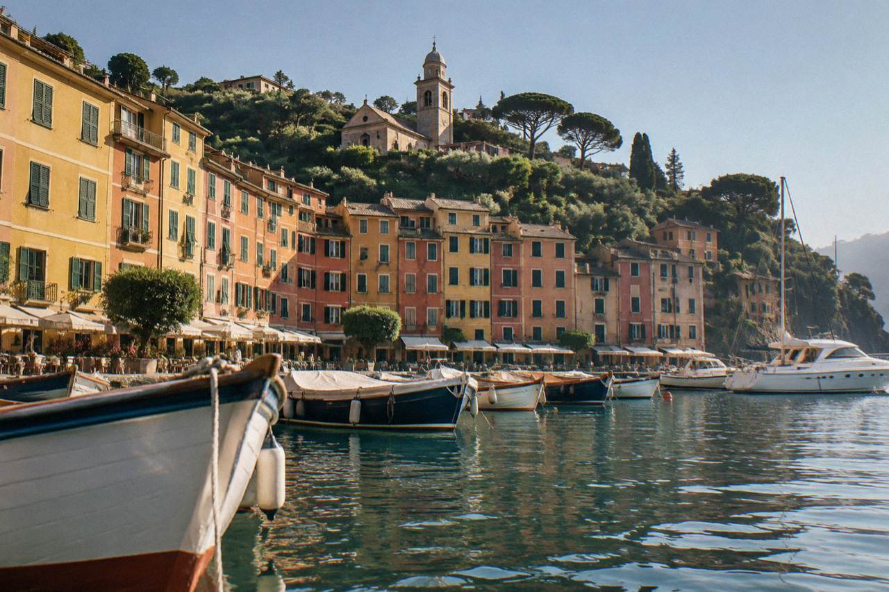 Colourful seaside houses above a small harbour on the Ligurian coast