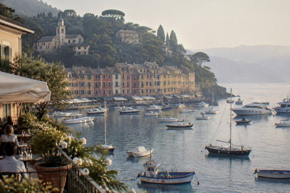 A hotel terrace overlooking a harbour with fishing boats and hills at dusk