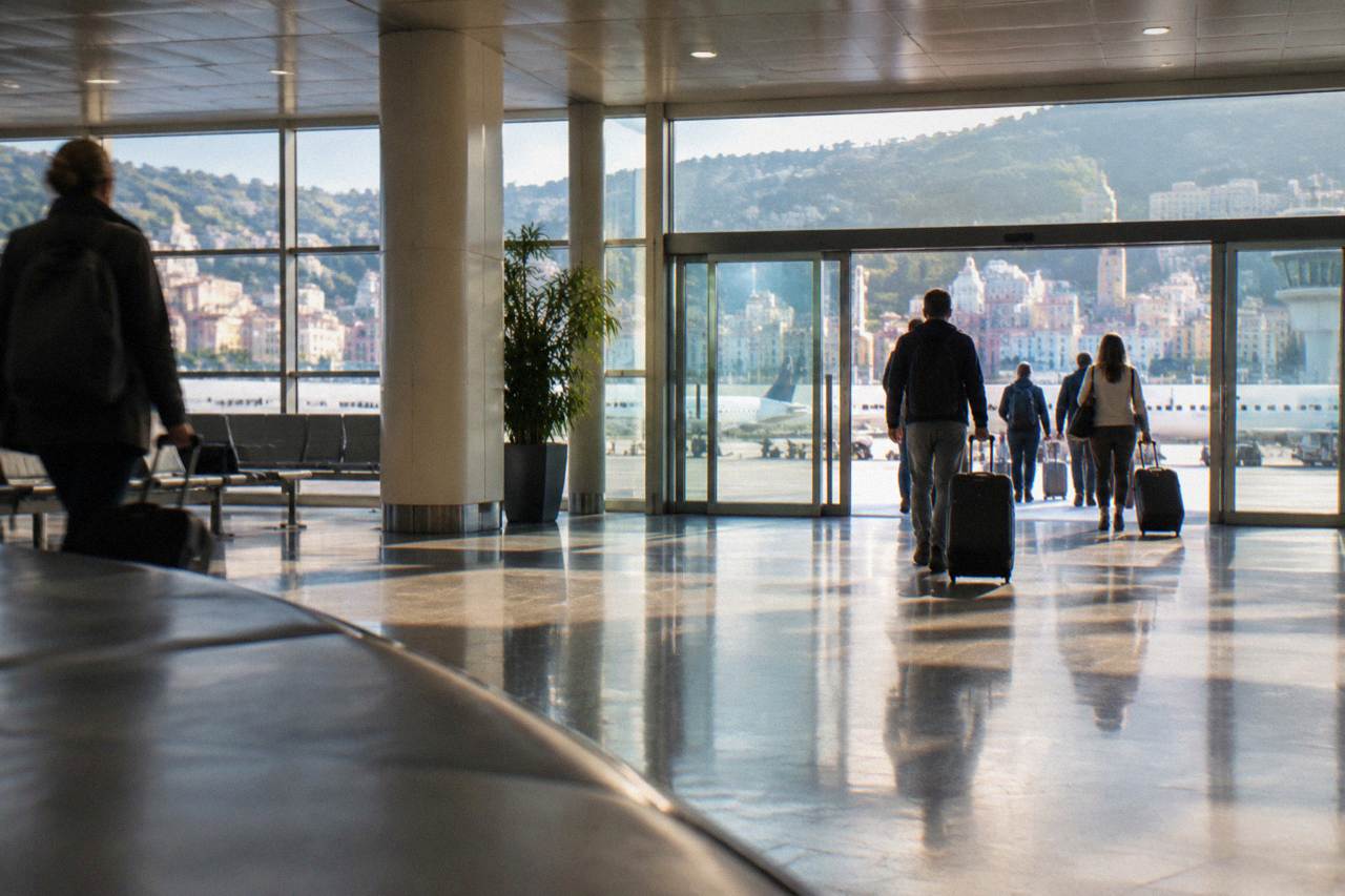 Arrivals hall of Genoa Cristoforo Colombo airport with travellers pulling suitcases past the exit doors