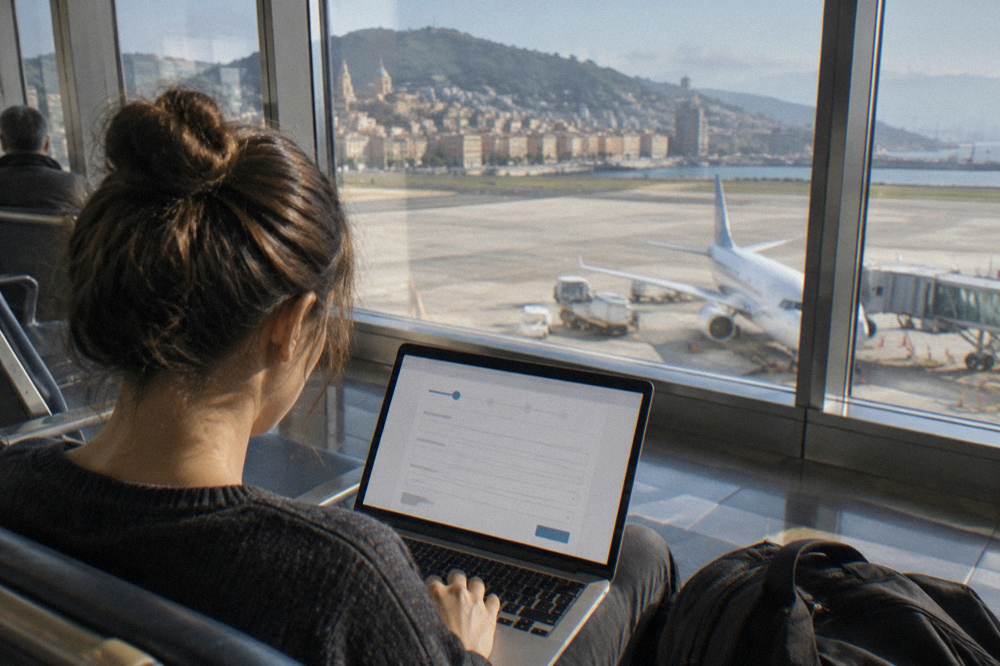 Traveller filling an online travel authorisation form on a laptop at an airport gate area