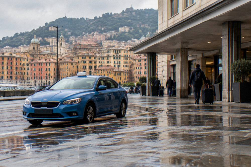 Blue airport taxi waiting at the kerb outside a terminal building in daylight