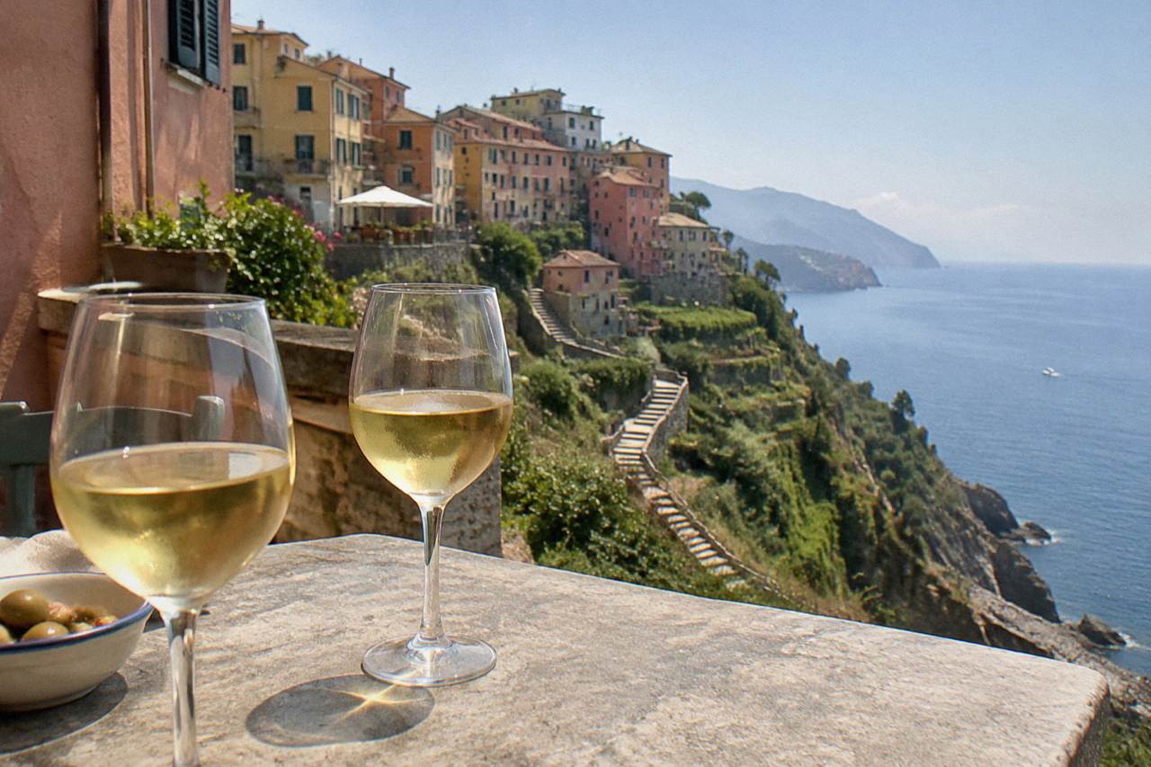 Glasses of white wine on a seaside terrace overlooking the Ligurian coast