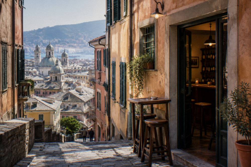 A narrow lane in Genoa's old town with a small wine bar's door open in the evening