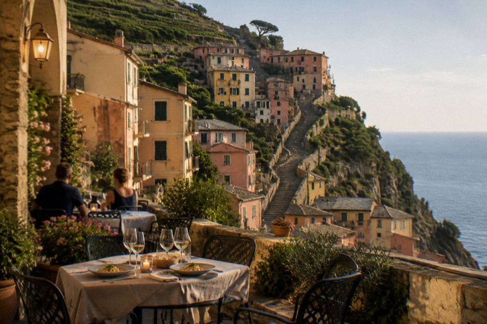 An evening table set with wine glasses and plates of pasta in a lit Genoese square