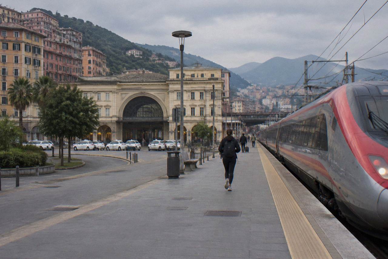 High-speed train stopping at an Italian railway station platform with mountains in the distance