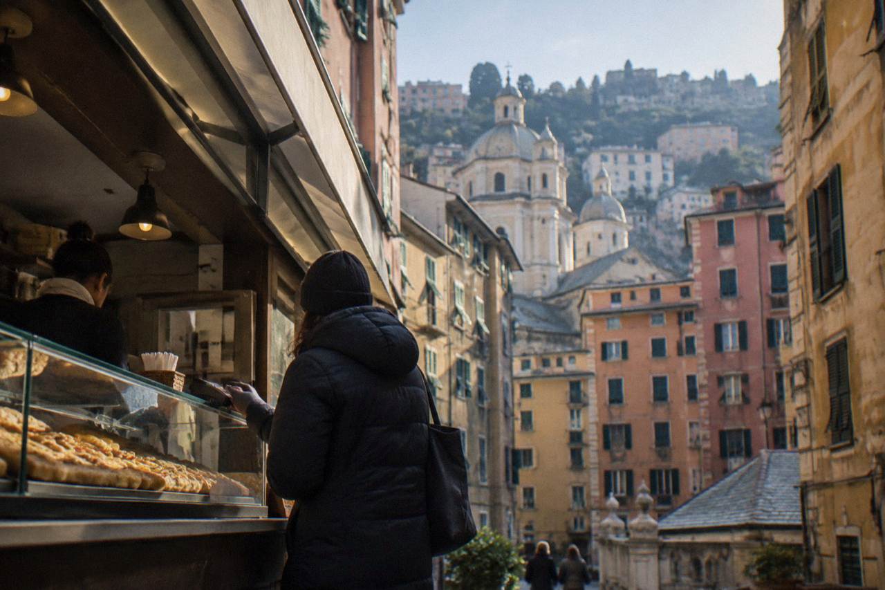 A cafe counter in Genoa old town with a customer paying for focaccia