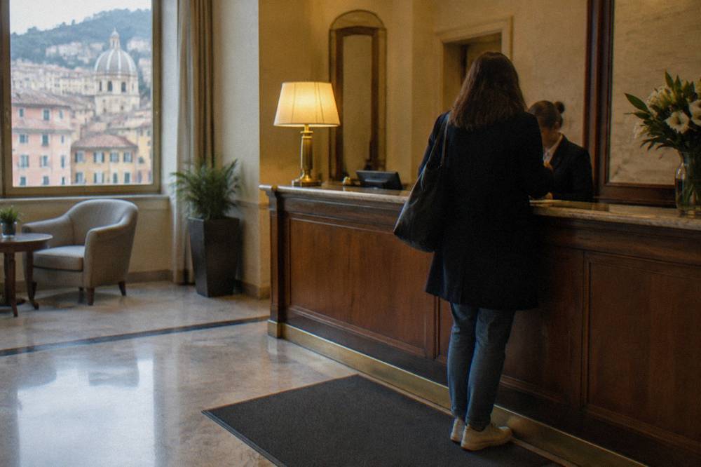 A hotel reception desk in Genoa with a guest settling a bill