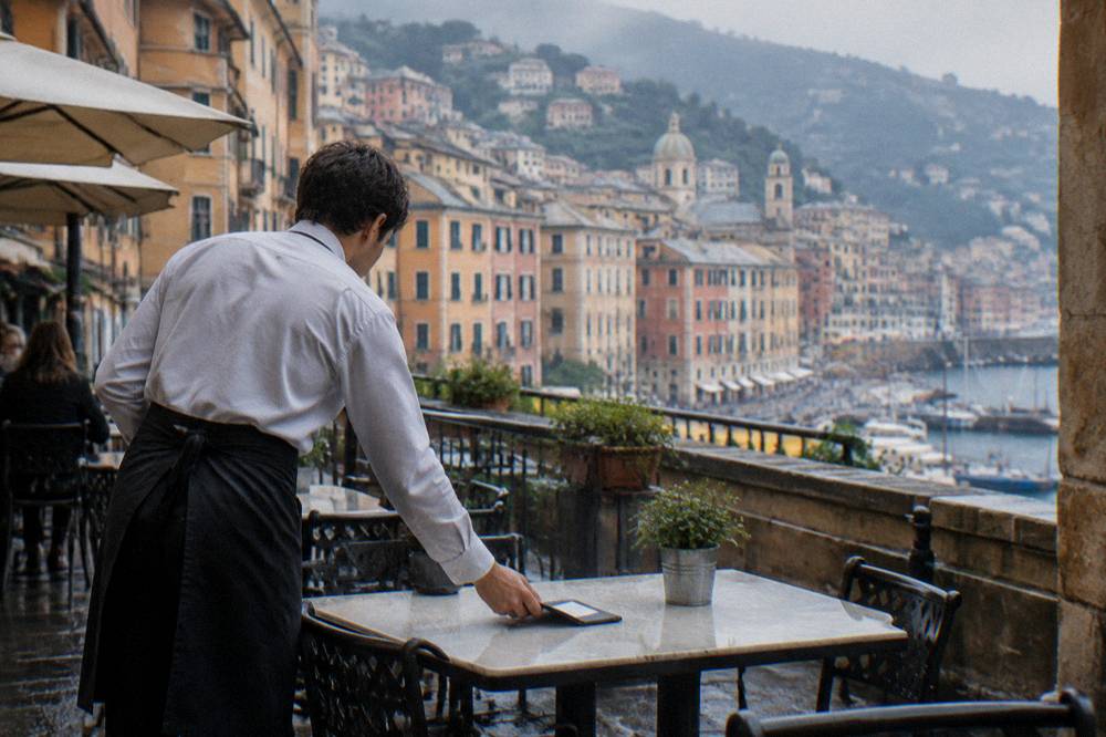 A waiter placing a restaurant bill on a table in Genoa