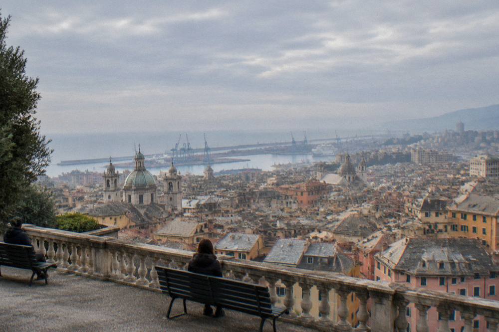 The view over Genoa rooftops and the port from Spianata Castelletto