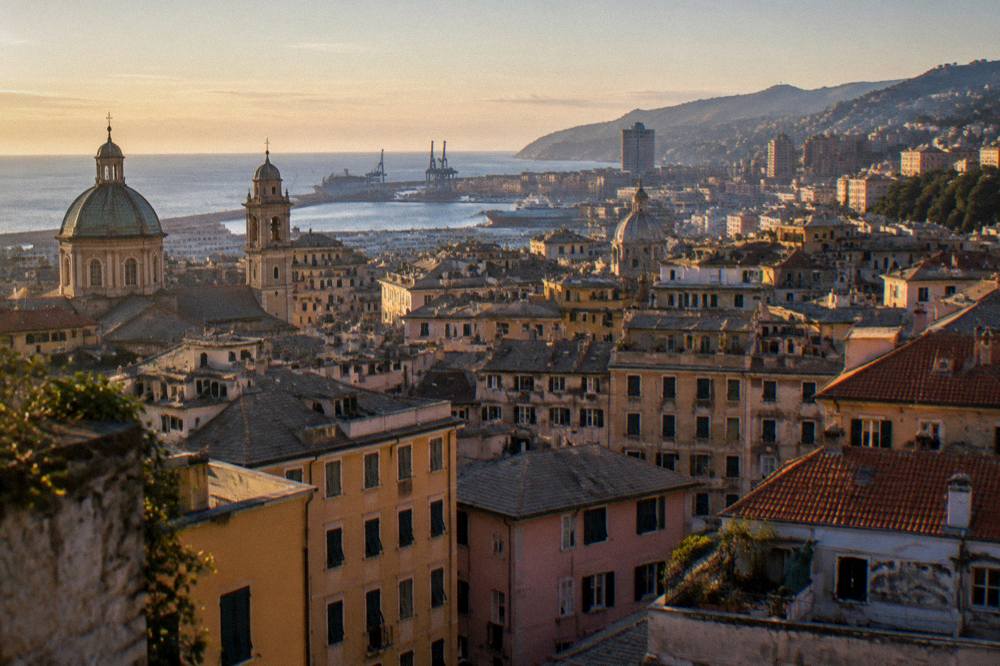 Evening view over Genoa rooftops with lit windows and the sea beyond