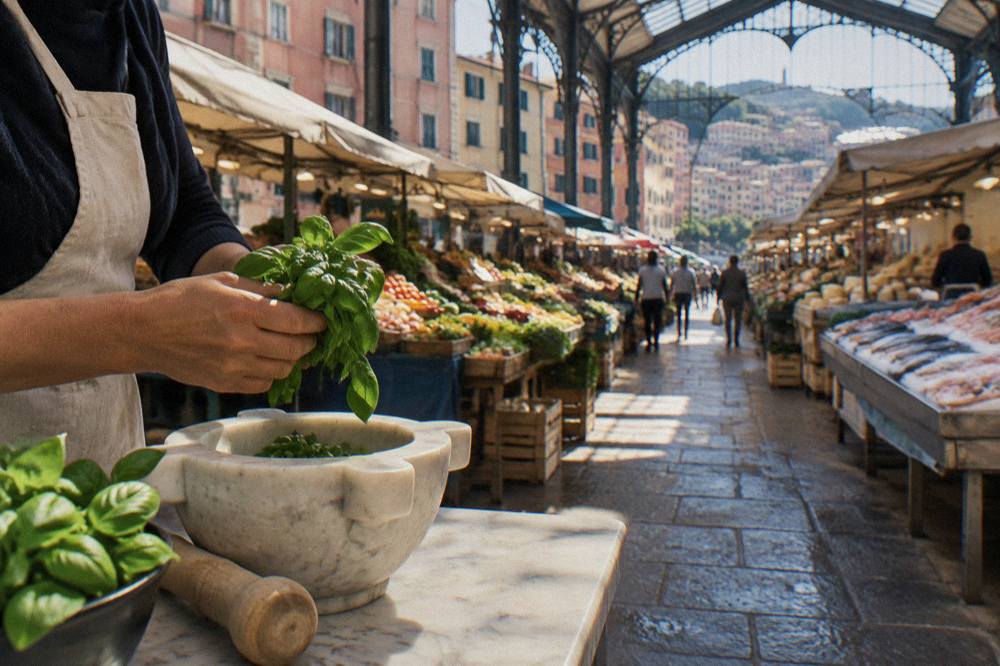 Fresh green basil leaves held in two hands above a marble mortar