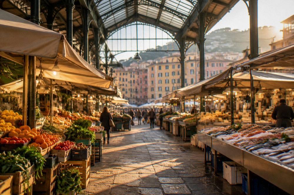 A historic shopping street with arcades and stone buildings in an Italian city