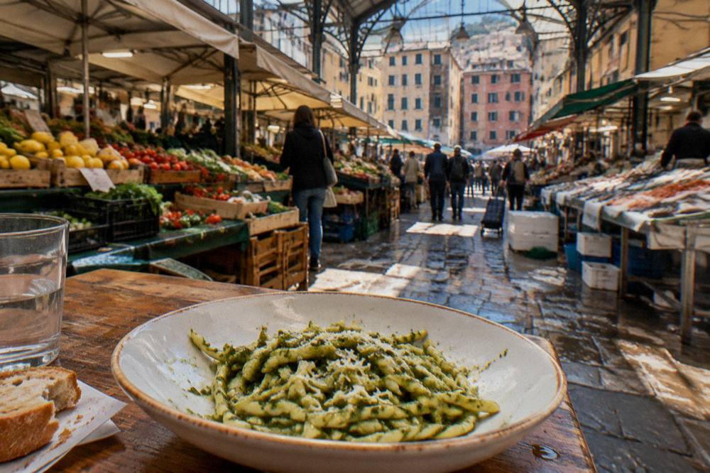 Trofie pasta coated in green pesto served in a shallow bowl