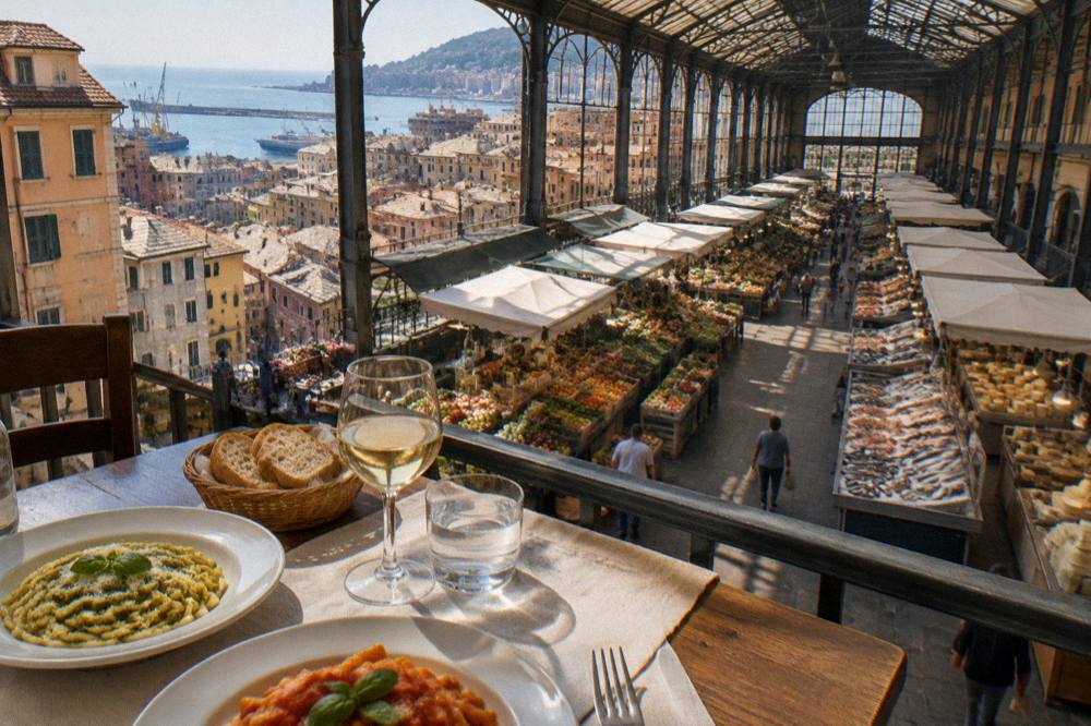 A table with pasta dishes, bread and wine in a small Italian eatery