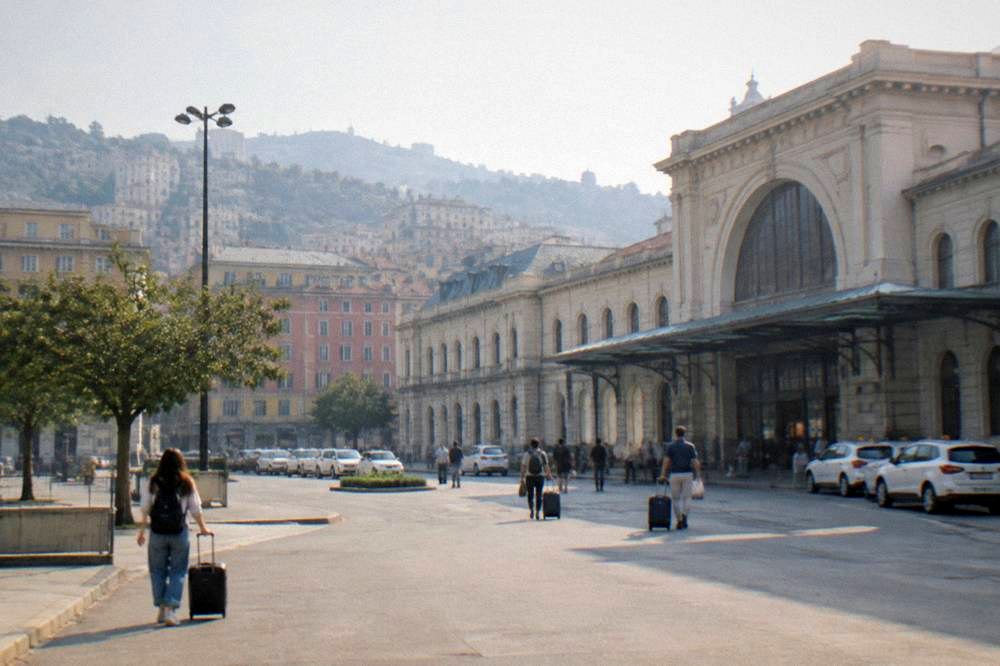 Airport terminal building with travellers walking with luggage