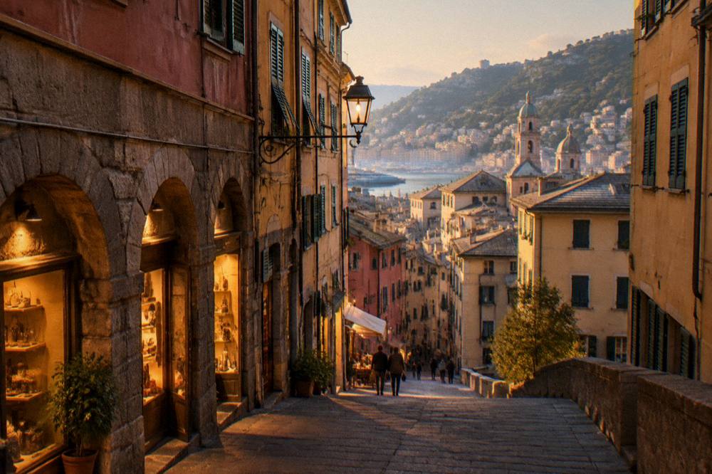 Genoa old town lane at night with lit shopfronts and stone arches