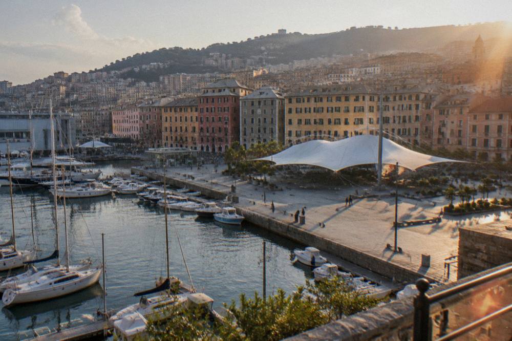 Colourful houses above a small harbour on the Ligurian coast