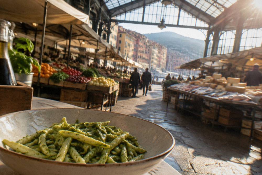 Trofie pasta tossed with bright green pesto in a shallow ceramic bowl