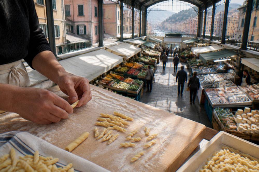 Hands rolling small twists of pasta dough on a floured wooden board