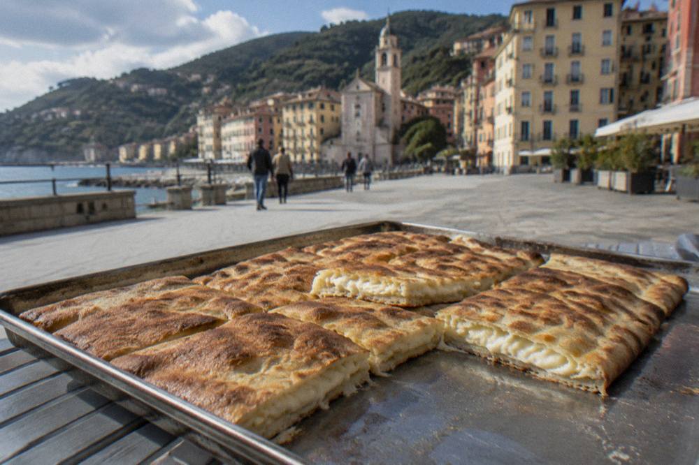 A cheese-filled focaccia di Recco cut into rectangles on a metal tray