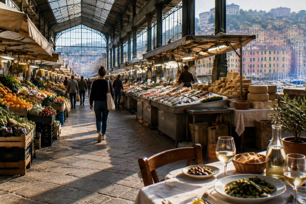 A restaurant table set with wine, bread and small plates of Ligurian food