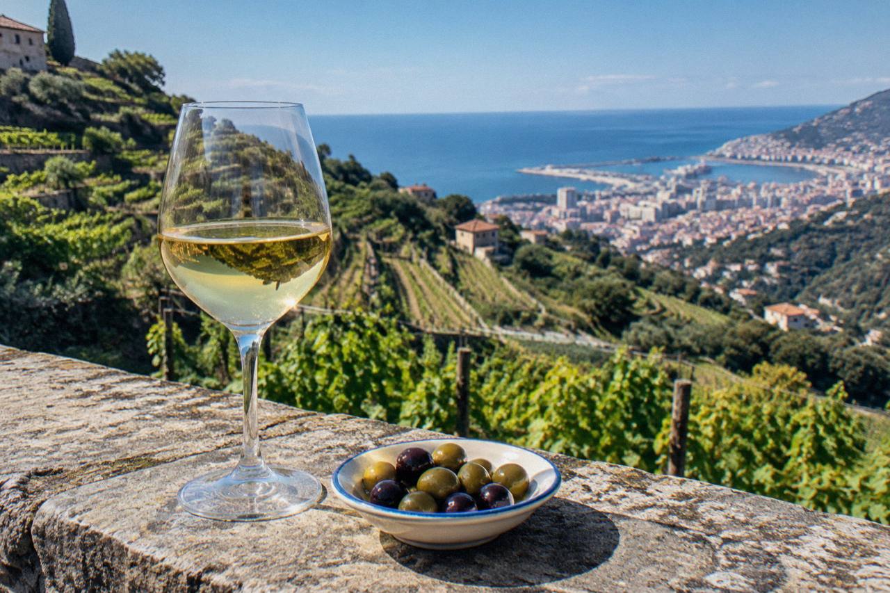 A glass of chilled white Vermentino wine on a stone wall with terraced Ligurian vineyards and the sea behind
