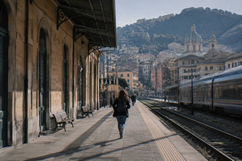Station facade and street in the Principe quarter of Genoa