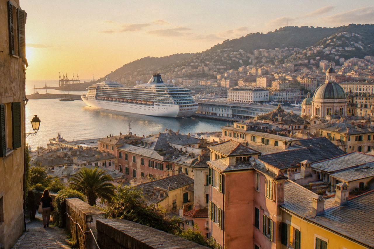 Cruise ship docked at the Genoa passenger terminal with the city's hills rising behind the harbour
