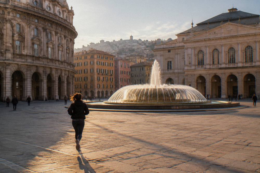 Fountain in Piazza De Ferrari with the opera house facade behind it