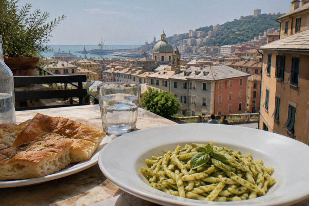 Focaccia and fresh trofie pasta with pesto on a table in Genoa