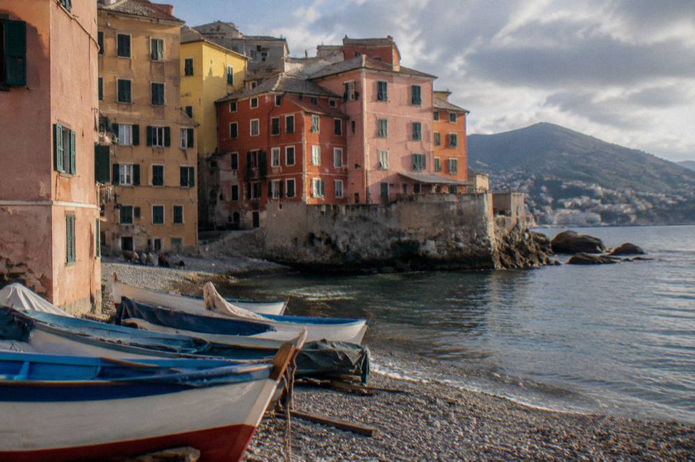 Fishing boats and colourful houses on the small beach at Boccadasse