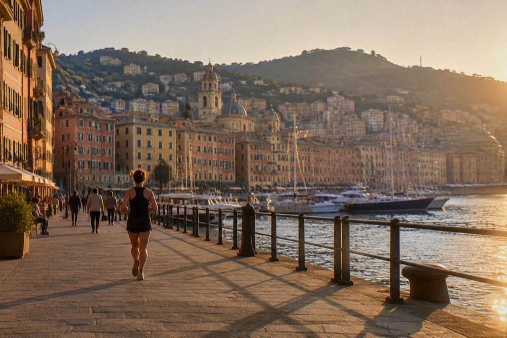 Evening light on the harbour front of Genoa with people strolling