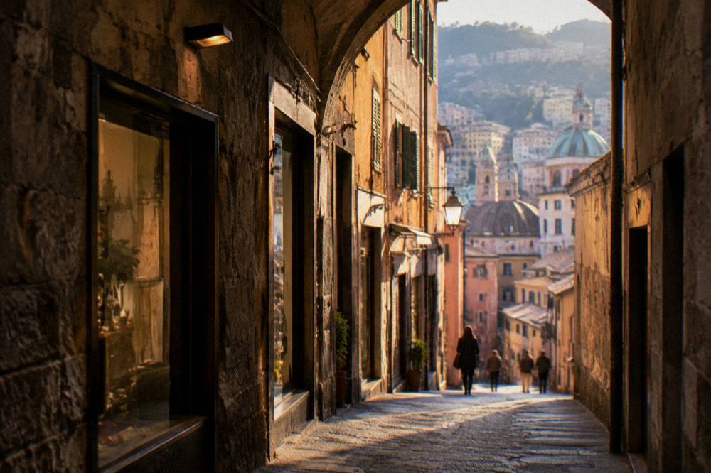 Narrow covered medieval lane in Genoa with stone walls and shopfronts sheltered from the rain