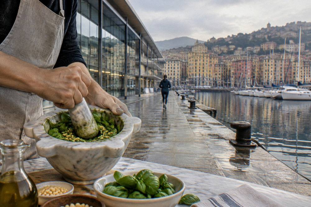 Hands pounding basil and pine nuts in a marble mortar during a pesto cooking class