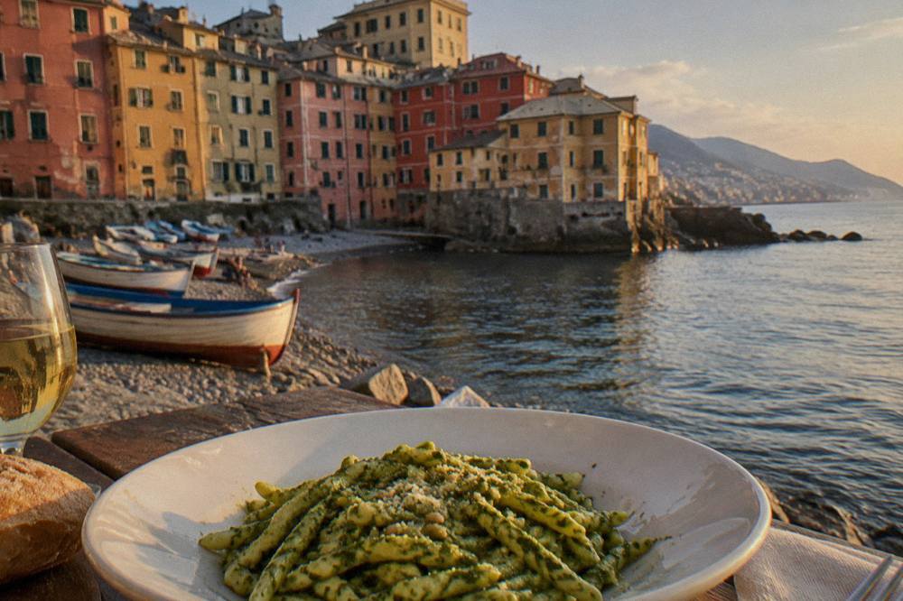 Trofie pasta with green pesto genovese on a plate