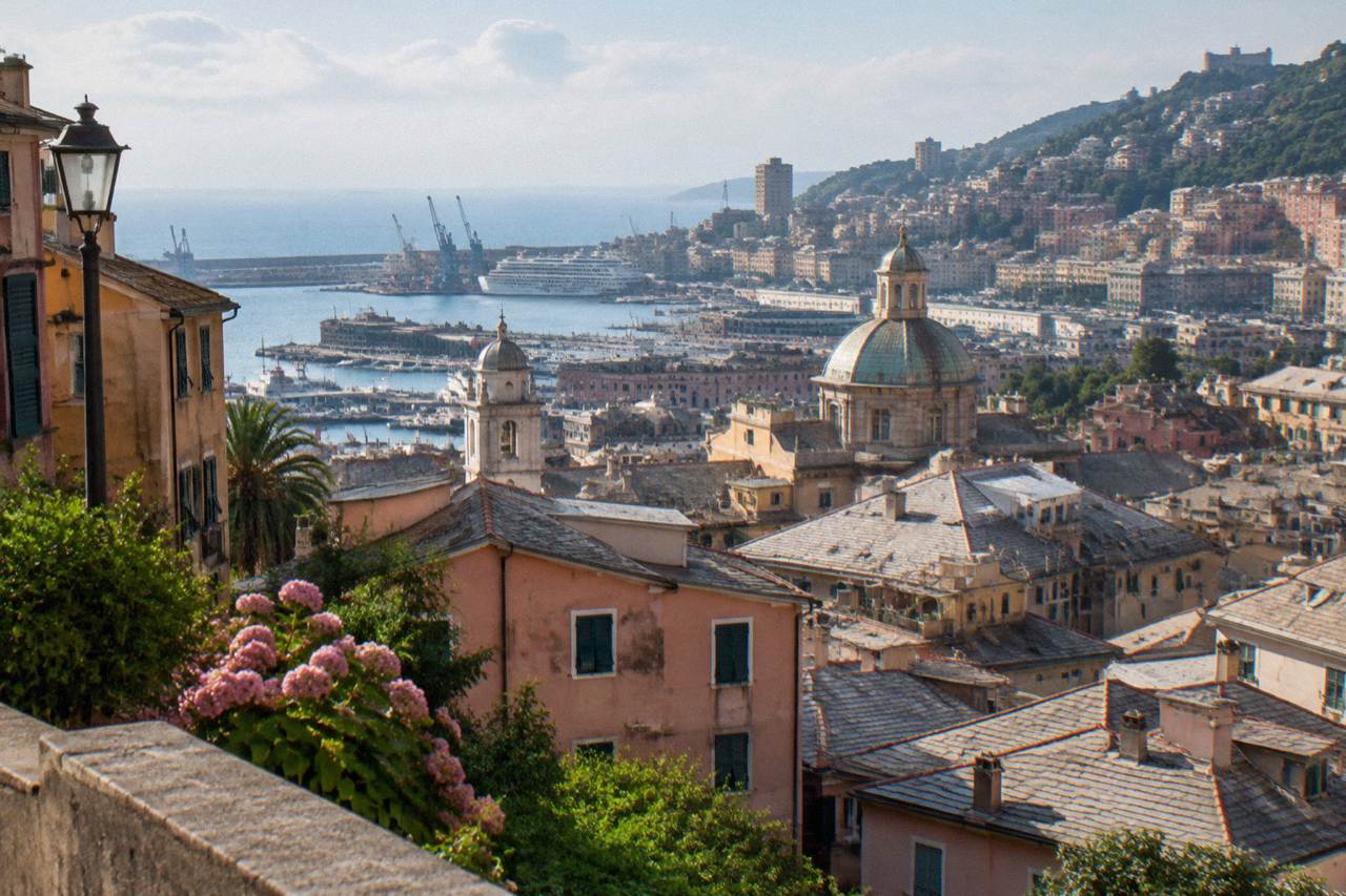 View over the rooftops and harbour of Genoa from a hillside terrace