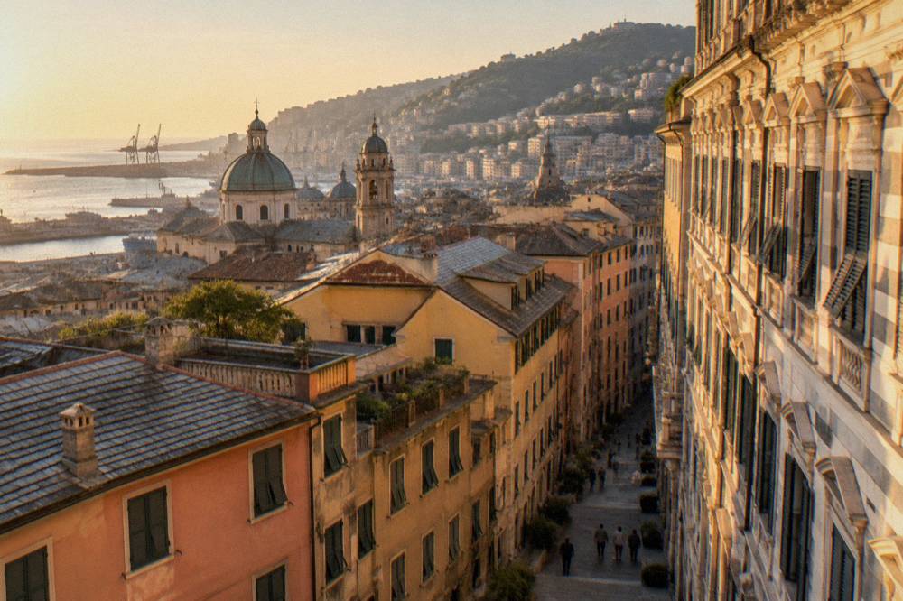 Grand renaissance palace street with striped marble facades in Genoa