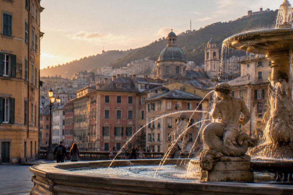 Evening light on a historic square with an illuminated fountain in Genoa