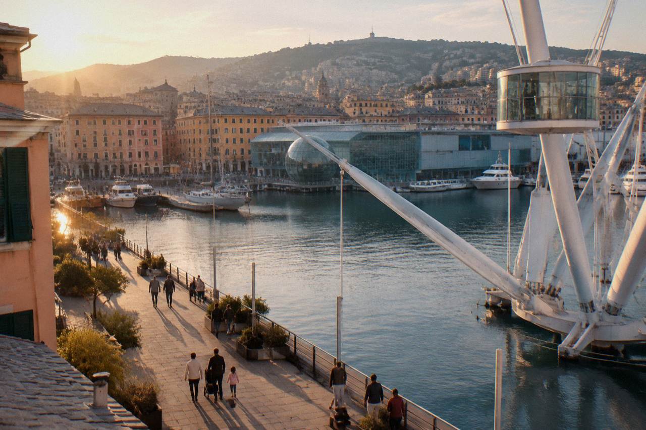 Families walking along the old harbour of Genoa with the Bigo lift and Aquarium in the background